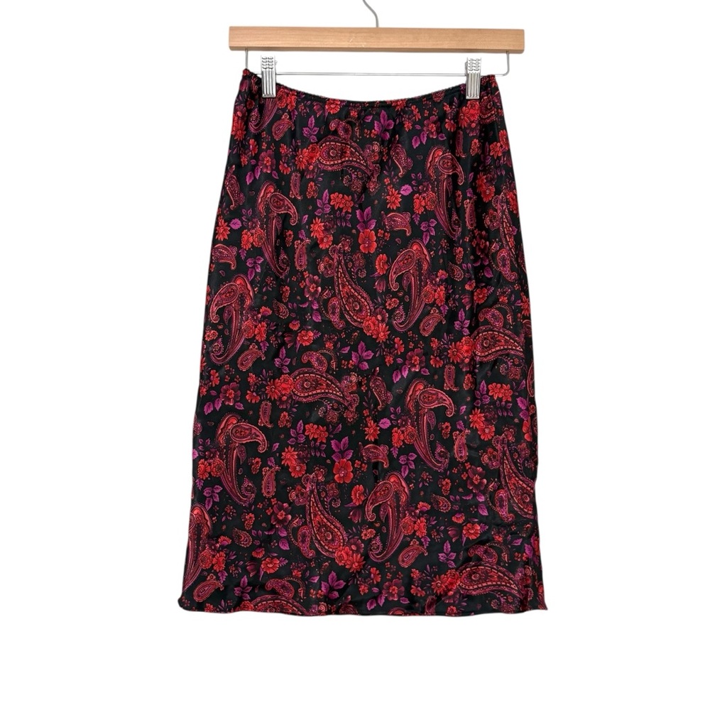Vintage Y2K Size Small Black Red Paisley Satin Midi Skirt Preppy Europe Vacation